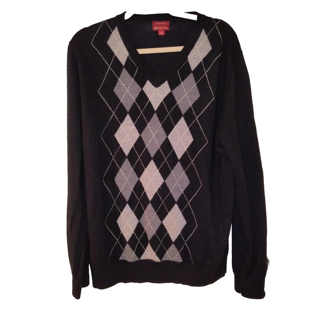 Merona 100% Merino Wool Men's Black Long Sleeve V-neck Argyle Sweater Sz L